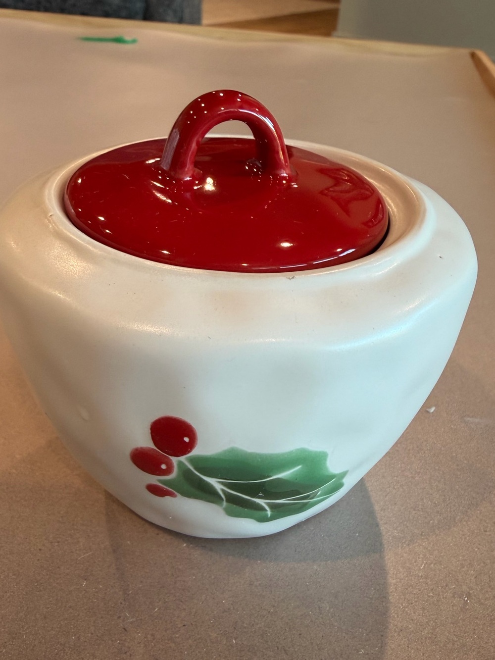Holiday Ceramic Sugar Bowl with Red Lid and Holly Design